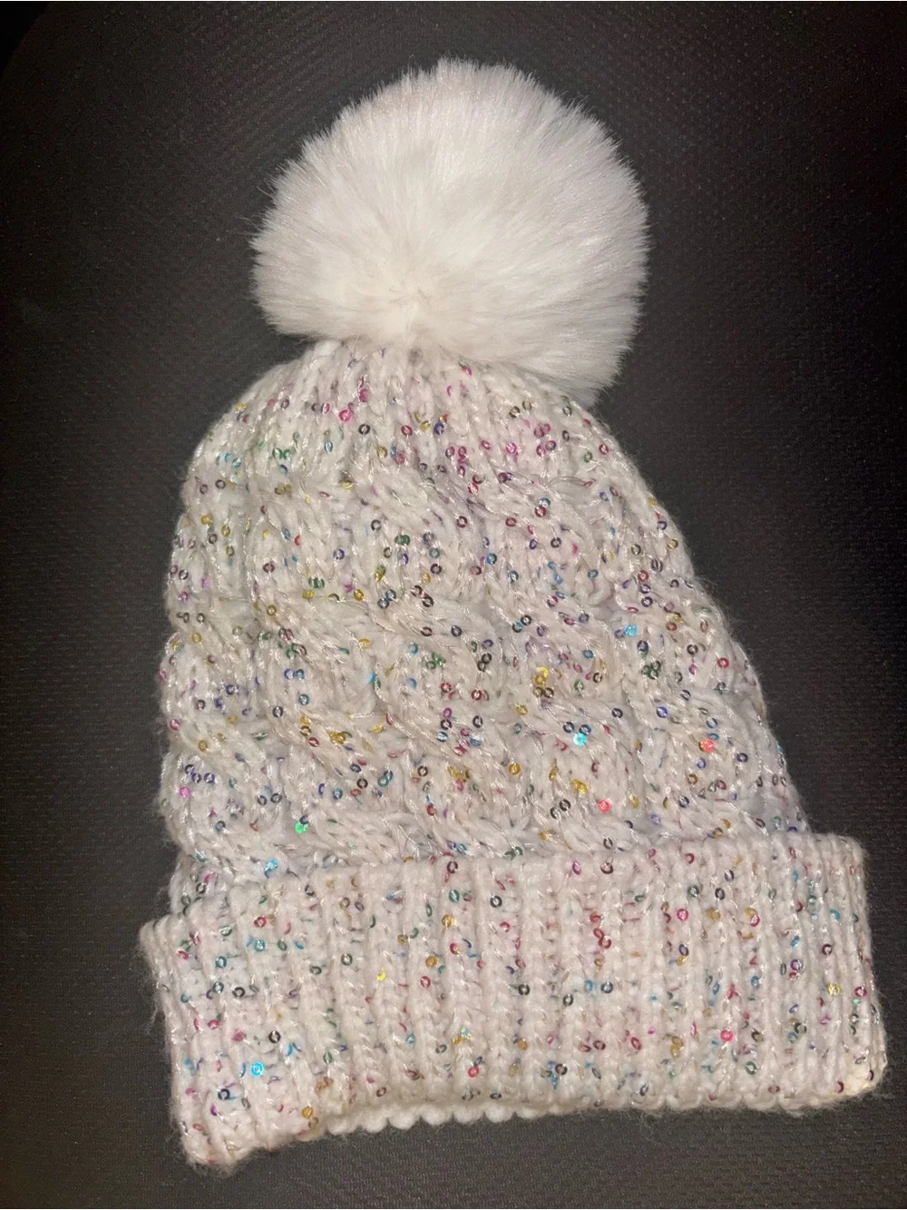Kids White Knit Pom Pom Beanie with Multicolor Sequin Accents